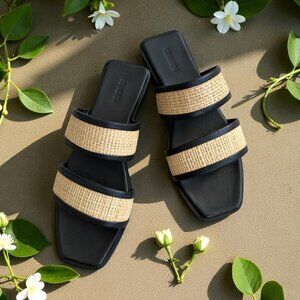 BEMBIEN Paloma Slide Straw Black Leather Sandals Size 37 / US 6.5